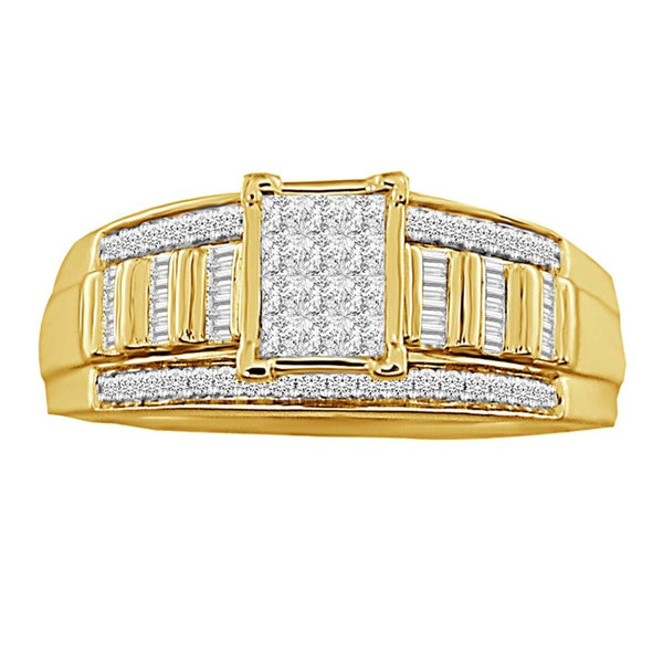 LADIES RING 0.50CT ROUND/BAGUETTE/PRINCESS DIAMOND 10K YELLOW GOLD