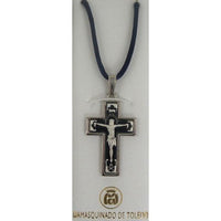 Damascene Silver Cross Jesus Pendant on Navy Cord Necklace by Midas of Toledo Spain style 9230 9230