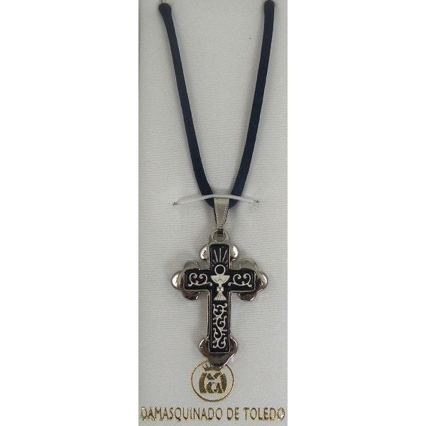 Damascene Silver Cross Chalice Pendant on Navy Cord Necklace by Midas of Toledo Spain style 9236 9236