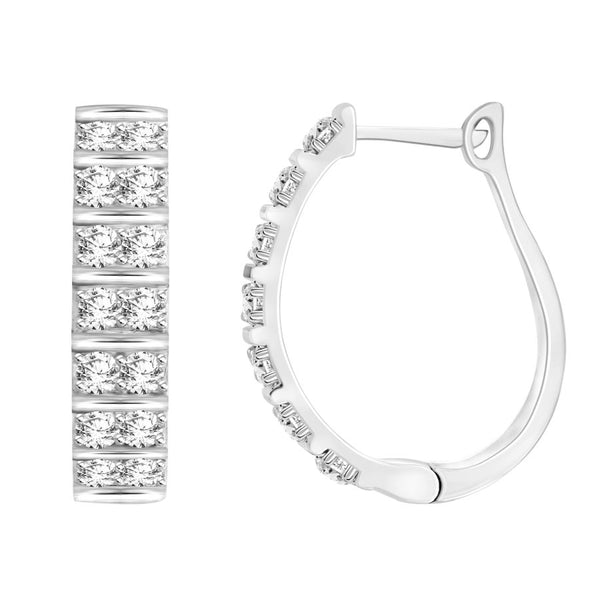 LADIES HOOP EARRINGS 1.50CT ROUND DIAMOND 10K WHITE GOLD