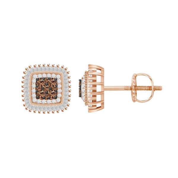 LADIES EARRINGS 0.50CT ROUND/BAGUETTE DARK BROWN DIAMOND 10K ROSE GOLD