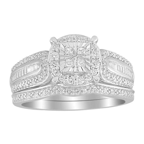 LADIES BRIDAL RING 0.33CT ROUND/PRINCESS/BAGUETTE DIAMOND 10K WHITE GOLD