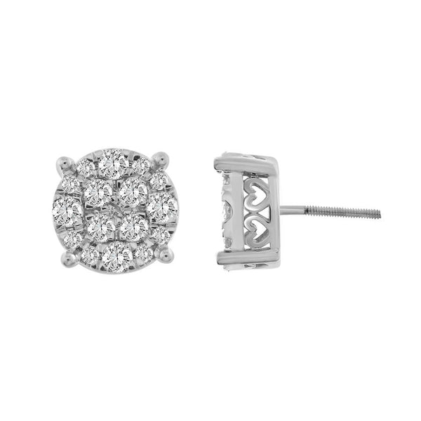 LADIES STUD EARRINGS 1.00CT ROUND DIAMOND 10K WHITE GOLD