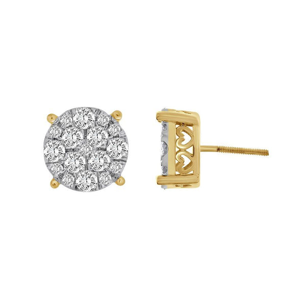 LADIES STUD EARRINGS 1.50CT ROUND DIAMOND 10K YELLOW GOLD