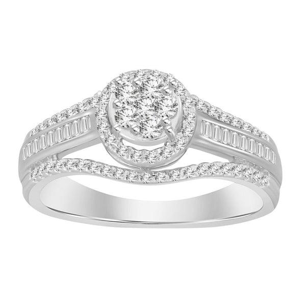 LADIES RING 0.50CT ROUND/BAGUETTE DIAMOND 10K WHITE GOLD