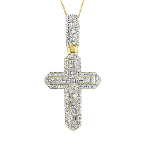 MEN'S CROSS CHARM 1.00CT ROUND/BAGUETTE DIAMOND 10K YELLOW GOLD