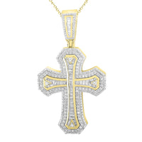 MEN'S CROSS PENDANT 1.50CT ROUND/BAGUETTE DIAMOND 10K YELLOW GOLD