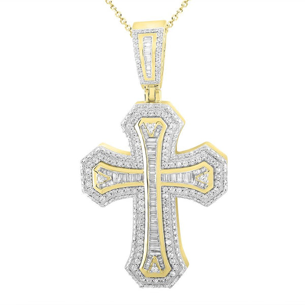 MEN'S CROSS PENDANT 1.50CT ROUND/BAGUETTE DIAMOND 10K YELLOW GOLD