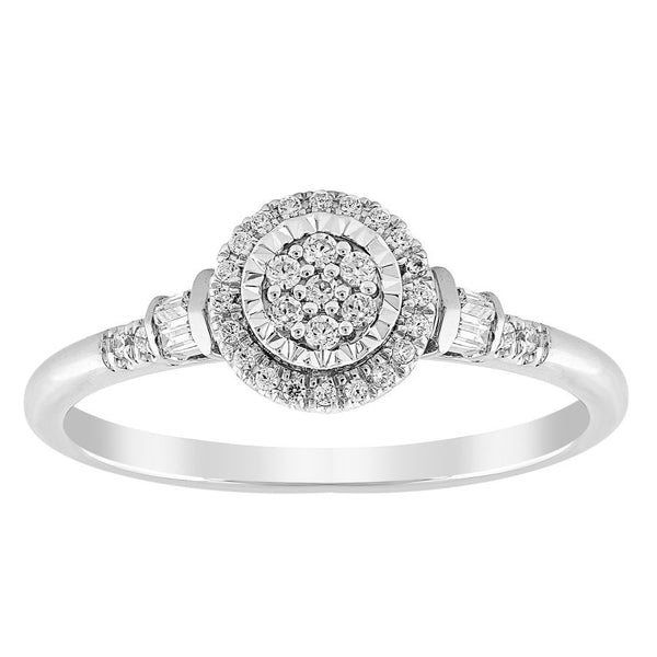 LADIES RING 0.20CT ROUND/BAGUETTE DIAMOND 10K WHITE GOLD