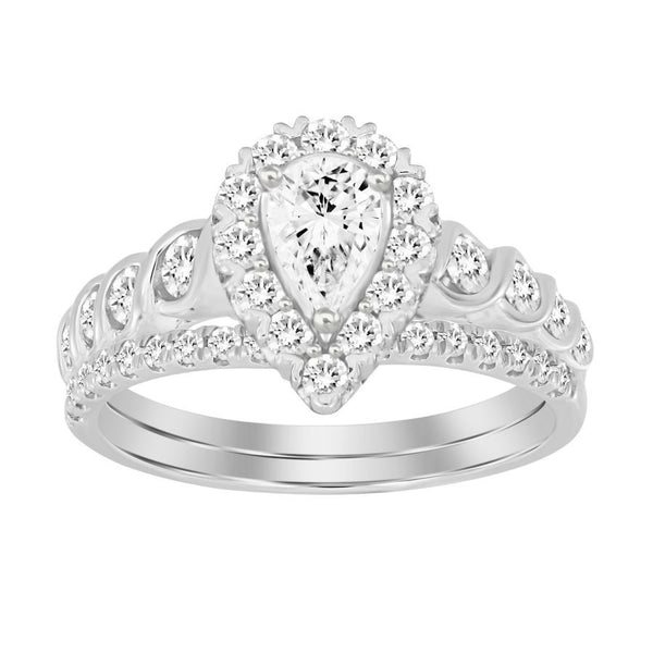 LADIES BRIDAL SET 1.00CT ROUND DIAMOND 14K WHITE GOLD (CENTER STONE 0.33CT PEAR DIAMOND)