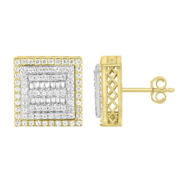 LADIES STUD EARRINGS 1.00CT ROUND/BAGUETTE DIAMOND 10K YELLOW GOLD