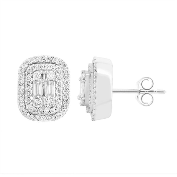 LADIES EARRINGS 1.00CT ROUND/BAGUETTE DIAMOND 10K WHITE GOLD