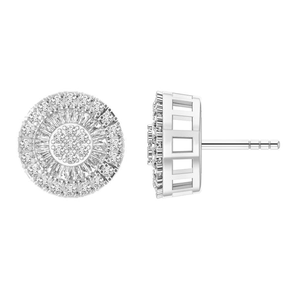 LADIES STUD EARRINGS 1.00CT ROUND/BAGUETTE DIAMOND 10K WHITE GOLD