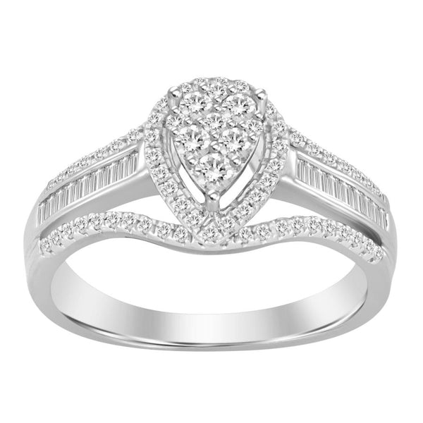 LADIES RING 0.50CT ROUND/BAGUETTE DIAMOND 10K WHITE GOLD