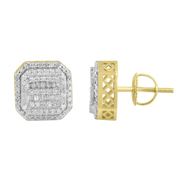 LADIES STUD EARRINGS 0.50CT ROUND/BAGUETTE DIAMOND 10K YELLOW GOLD