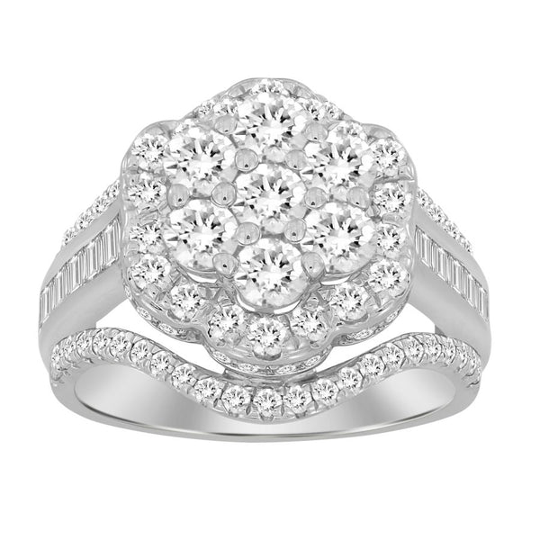 LADIES RING 2.00CT ROUND/BAGUETTE DIAMOND 10K WHITE GOLD