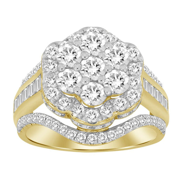 LADIES RING 2.00CT ROUND/BAGUETTE DIAMOND 10K YELLOW GOLD