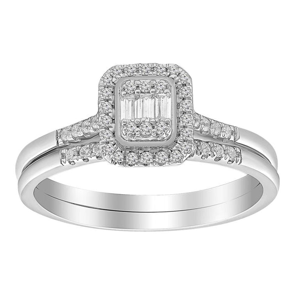 LADIES BRIDAL SET 0.25CT ROUND/BAGUETTE DIAMOND 10K WHITE GOLD