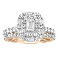 LADIES BRIDAL SET 1.25CT ROUND/BAGUETTE DIAMOND 14K ROSE GOLD (CENTER STONE 0.33CT EMERALD DIAMOND)