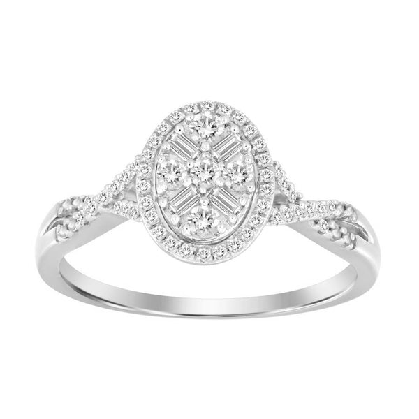 LADIES RING 0.25CT ROUND/BAGUETTE DIAMOND 10K WHITE GOLD
