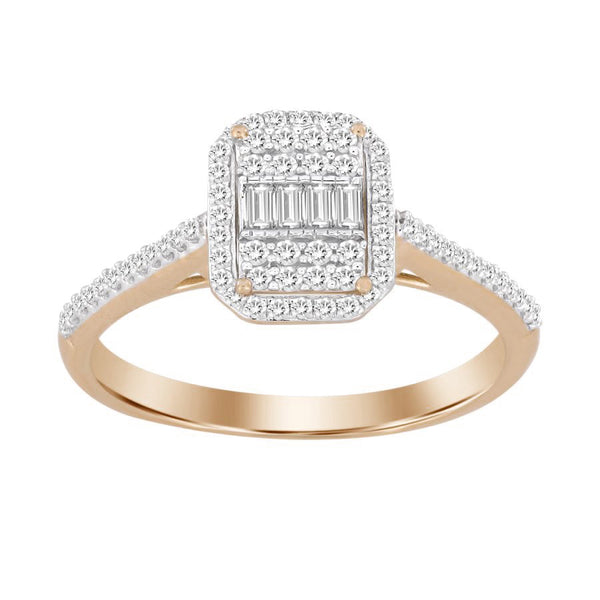 LADIES RING 0.25CT ROUND/BAGUETTE DIAMOND 10K ROSE GOLD