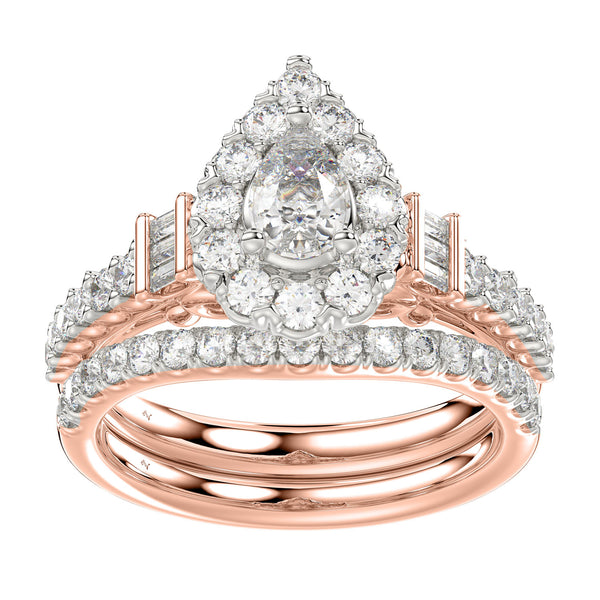 LADIES BRIDAL SET 1.50CT ROUND/BAGUETTE/PEAR DIAMOND 14K ROSE GOLD