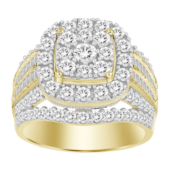 LADIES FASHION RING 2.00CT ROUND/BAGUETTE DIAMOND 10K YELLOW GOLD