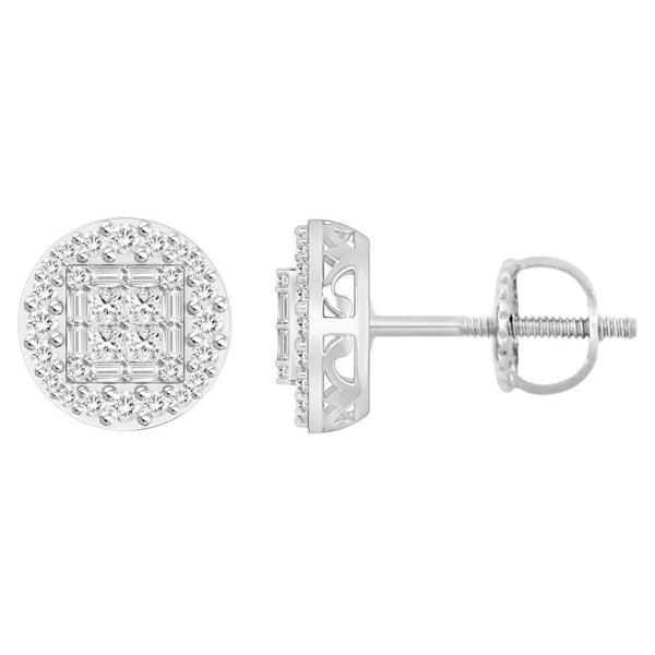 LADIES STUD EARRINGS 0.75CT ROUND/PRINCESS/BAGUETTE DIAMOND 10K WHITE GOLD