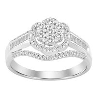 LADIES FASHION RING 0.50CT ROUND/BAGUETTE DIAMOND 10K WHITE GOLD