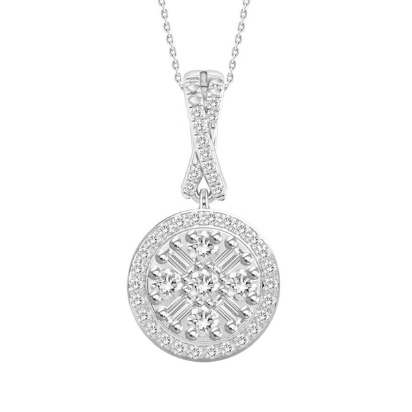 LADIES PENDANT WITH CHAIN 0.20CT ROUND/BAGUETTE DIAMOND 10K WHITE GOLD