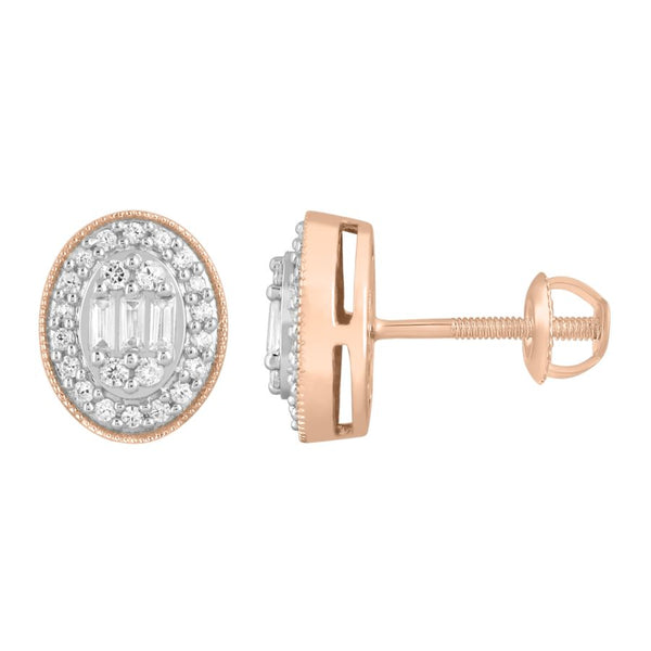 LADIES STUD EARRINGS 0.33CT ROUND/BAGUETTE DIAMOND 10K ROSE GOLD