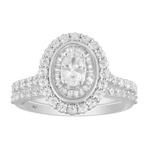 LADIES BRIDAL SET 1.25CT ROUND/BAGUETTE DIAMOND 14K WHITE GOLD