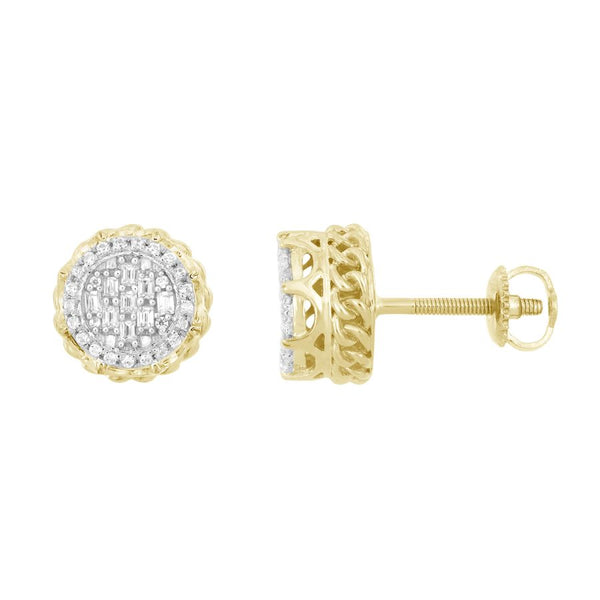 LADIES STUD EARRINGS 0.25CT ROUND/BAGUETTE DIAMOND 10K YELLOW GOLD