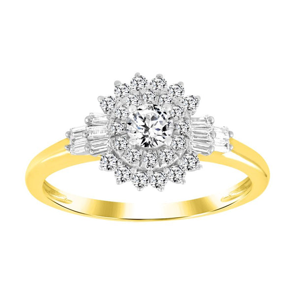 LADIES RING 0.50CT ROUND/BAGUETTE DIAMOND 10K YELLOW GOLD