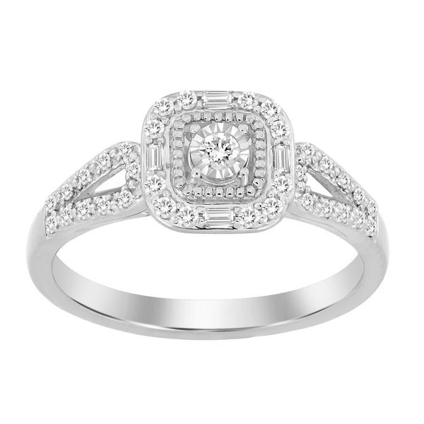 LADIES RING 0.25CT ROUND/BAGUETTE DIAMOND 10K WHITE GOLD