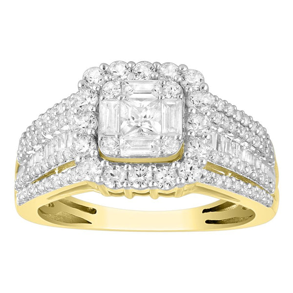 LADIES RING 1.25CT ROUND/BAGUETTE /PRINCESS DIAMOND 14K YELLOW GOLD