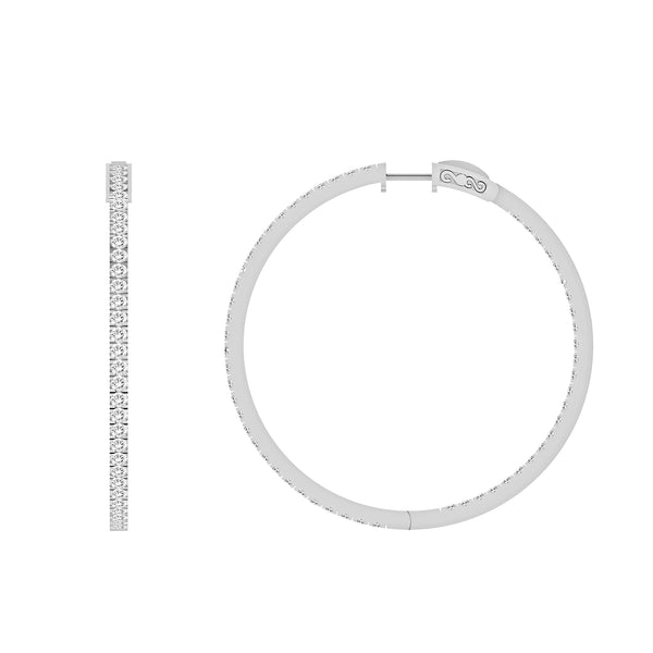 LADIES HOOPS EARRINGS 3.00CT ROUND DIAMOND 10K WHITE GOLD