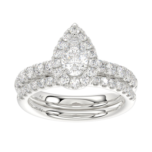 LADIES BRIDAL SET 1.55CT ROUND DIAMOND 14K WHITE GOLD (SI QUALITY) (CENTER STONE 0.75CT PEAR DIAMOND)