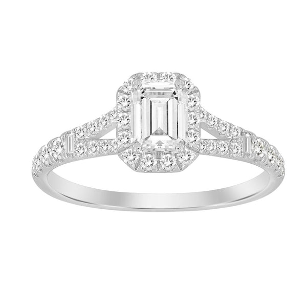 LADIES RING 1.00CT ROUND/BAGUETTE DIAMOND 14K WHITE GOLD (SI QUALITY) (CENTER STONE 0.50CT EMERALD DIAMOND)