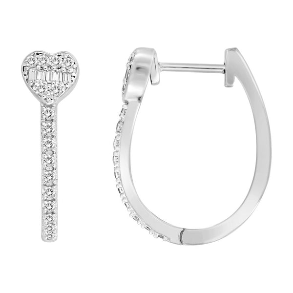 LADIES HOOP EARRINGS 0.25CT ROUND/BAGUETTE DIAMOND 10K WHITE GOLD