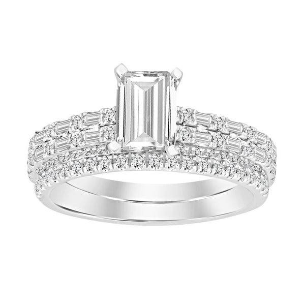 LADIES SEMI MOUNT BRIDAL SET 0.80CT ROUND/BAGUETTE DIAMOND 14K WHITE GOLD (CENTER STONE 1.00CT EMERALD DIAMOND)