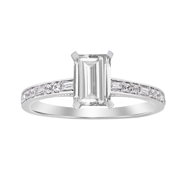 LADIES RING 0.15CT ROUND/BAGUETTE DIAMOND 14K WHITE GOLD (CENTER STONE 1.00CT EMERALD DIAMOND)