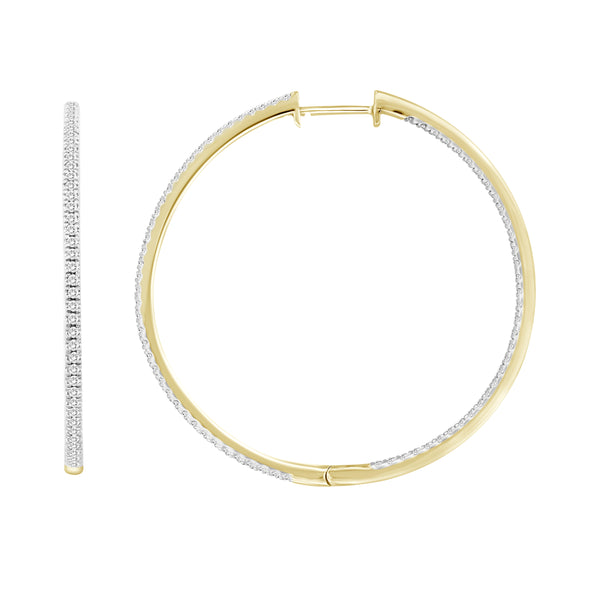 LADIES HOOPS EARRINGS 1.00CT ROUND DIAMOND 10K YELLOW GOLD