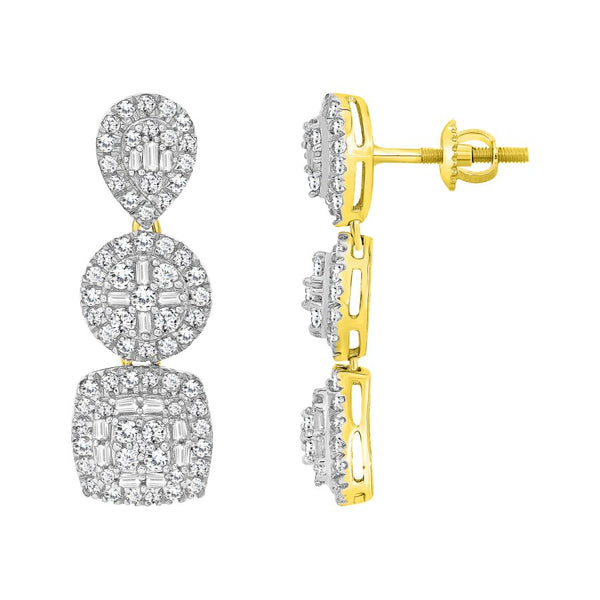 LADIES EARRINGS 1.50CT ROUND/BAGUETTE DIAMOND 14K YELLOW GOLD (SI QUALITY)