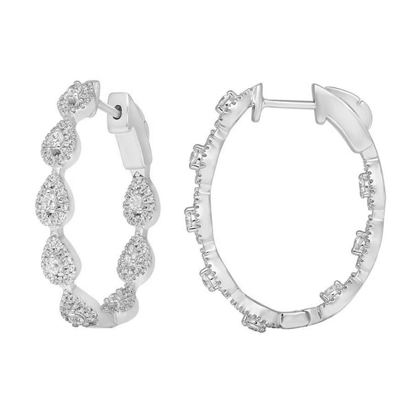 LADIES HOOP EARRINGS 1.00CT ROUND DIAMOND 14K WHITE GOLD