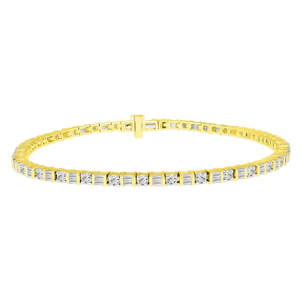 LADIES BRACELET 2.00CT ROUND/BAGUETTE DIAMOND 10K YELLOW GOLD