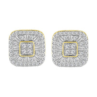 LADIES STUD EARRINGS 1.00CT ROUND/BAGUETTE DIAMOND 10K YELLOW GOLD