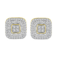 LADIES STUD EARRINGS 1.00CT ROUND/BAGUETTE DIAMOND 10K YELLOW GOLD