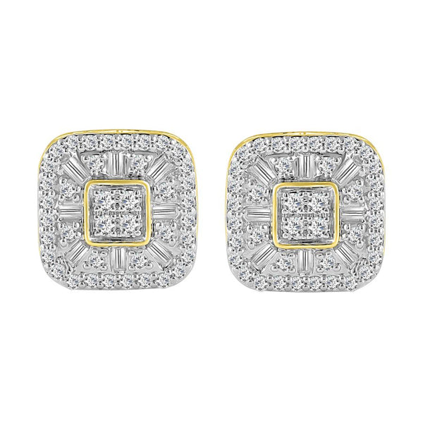 LADIES STUD EARRINGS 1.00CT ROUND/BAGUETTE DIAMOND 10K YELLOW GOLD