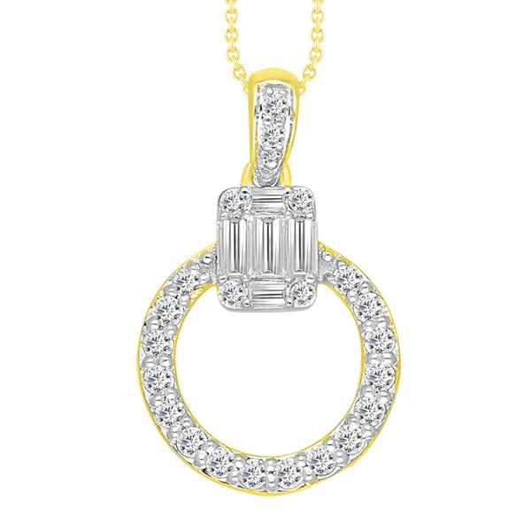 LADIES PENDANT 0.25CT ROUND/BAGUETTE DIAMOND 10K YELLOW GOLD